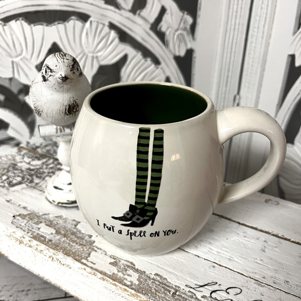 Rae Dunn Ceramic Halloween Coffee Mug “I put a spell on you”, Witch Legs, Green
